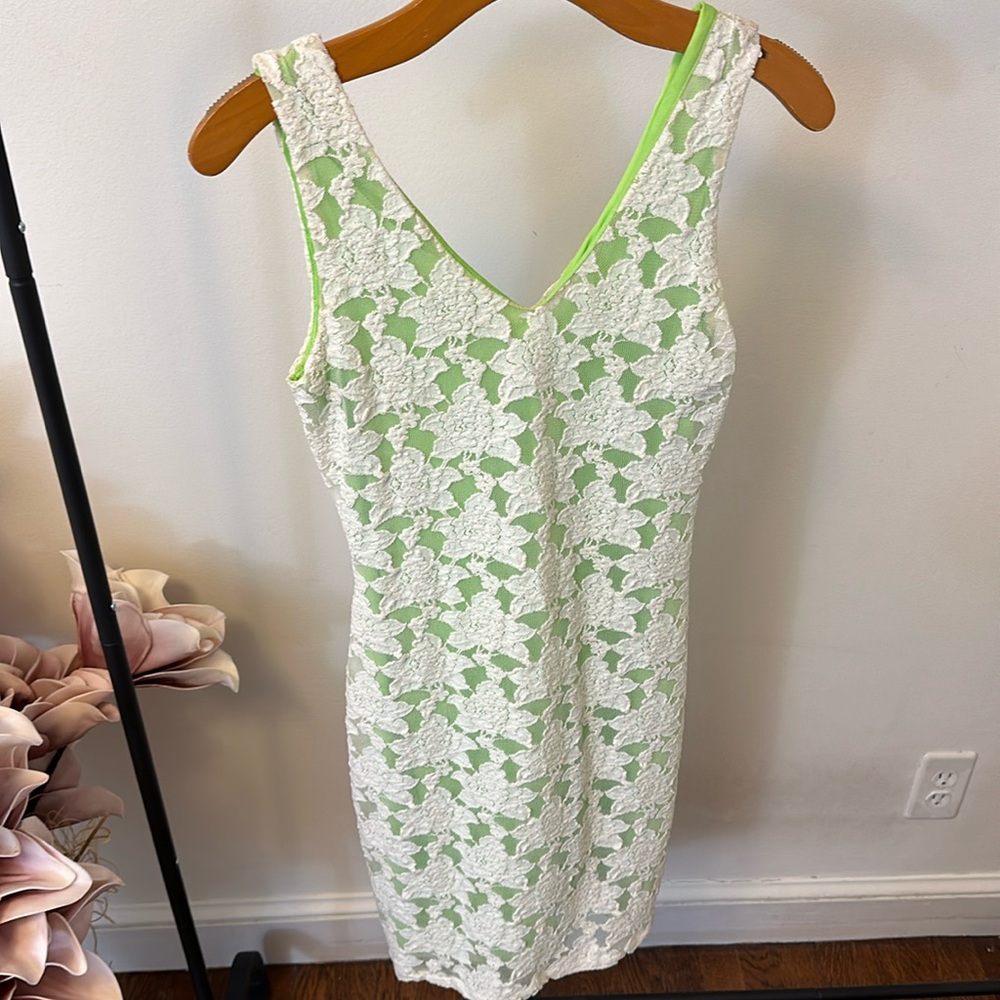 Lime green and white lace overlay dress